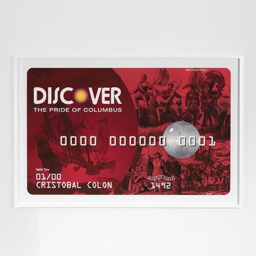 A satirical Discover credit card features "Cristobal Colon" and "1492." The card shows Columbus ships and colonization imagery, blending finance and history.